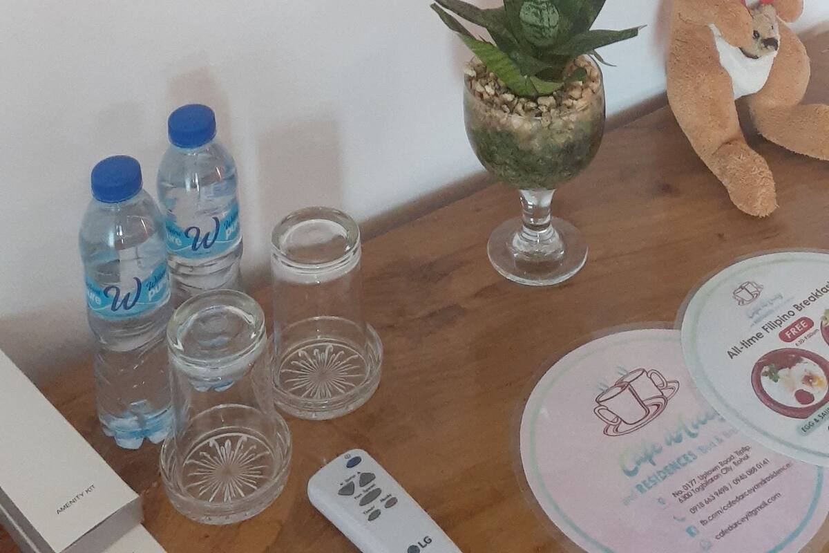 A bedroom with a bed, pillows, a mirror, a potted plant, a teddy bear, and a table with water bottles and glasses.