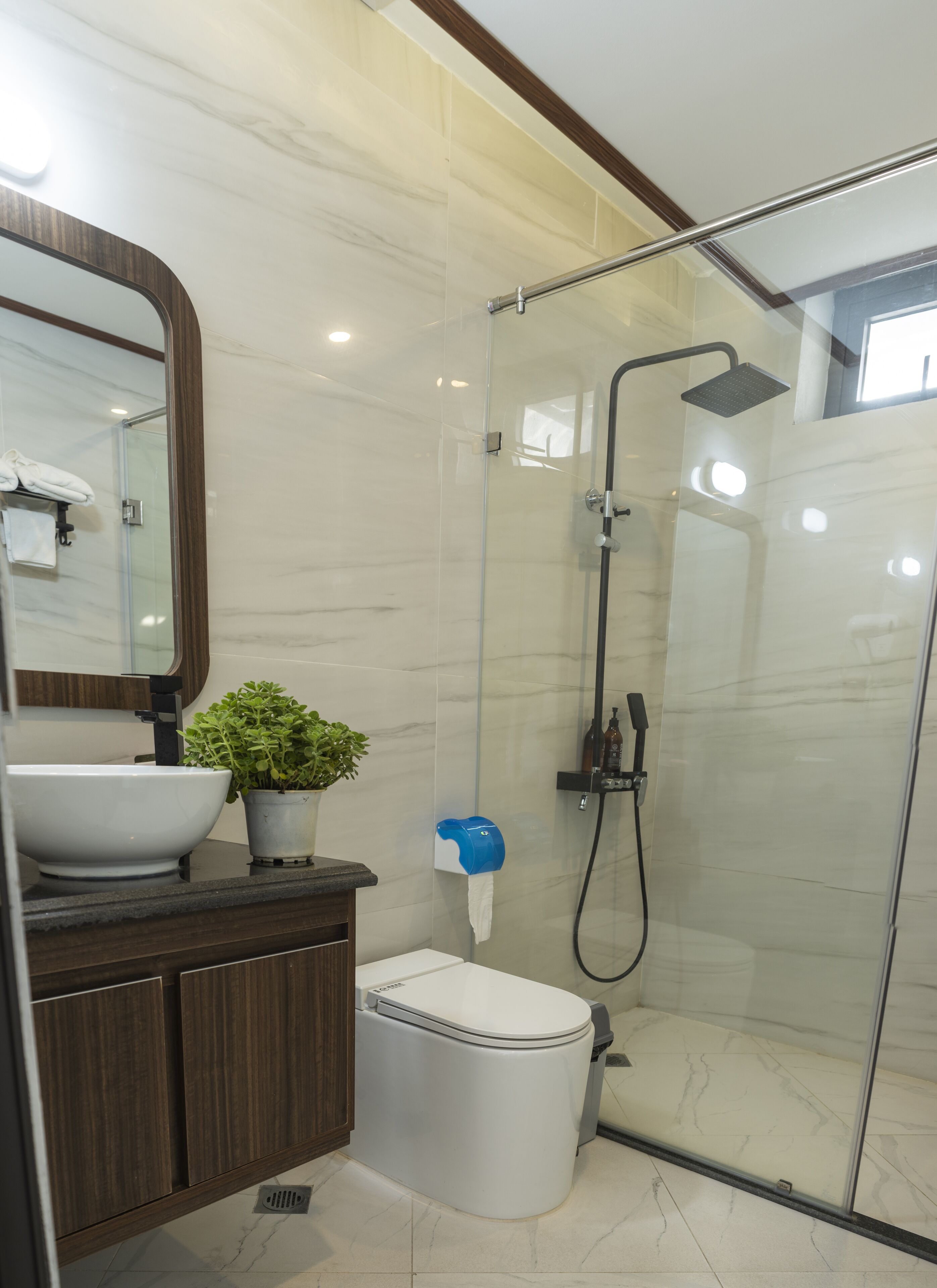 deluxe room | bathroom | shower, hydromassage showerhead, free toiletries, hair dryer