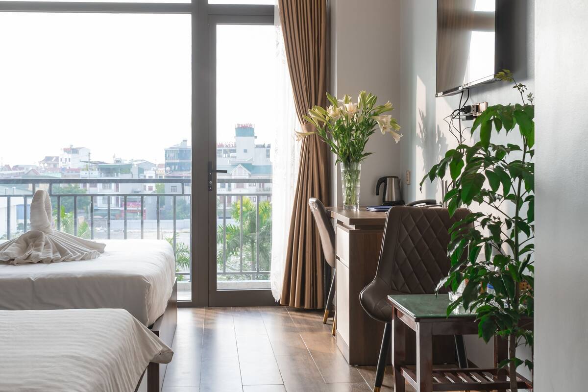 minibar, desk, laptop workspace, blackout curtains