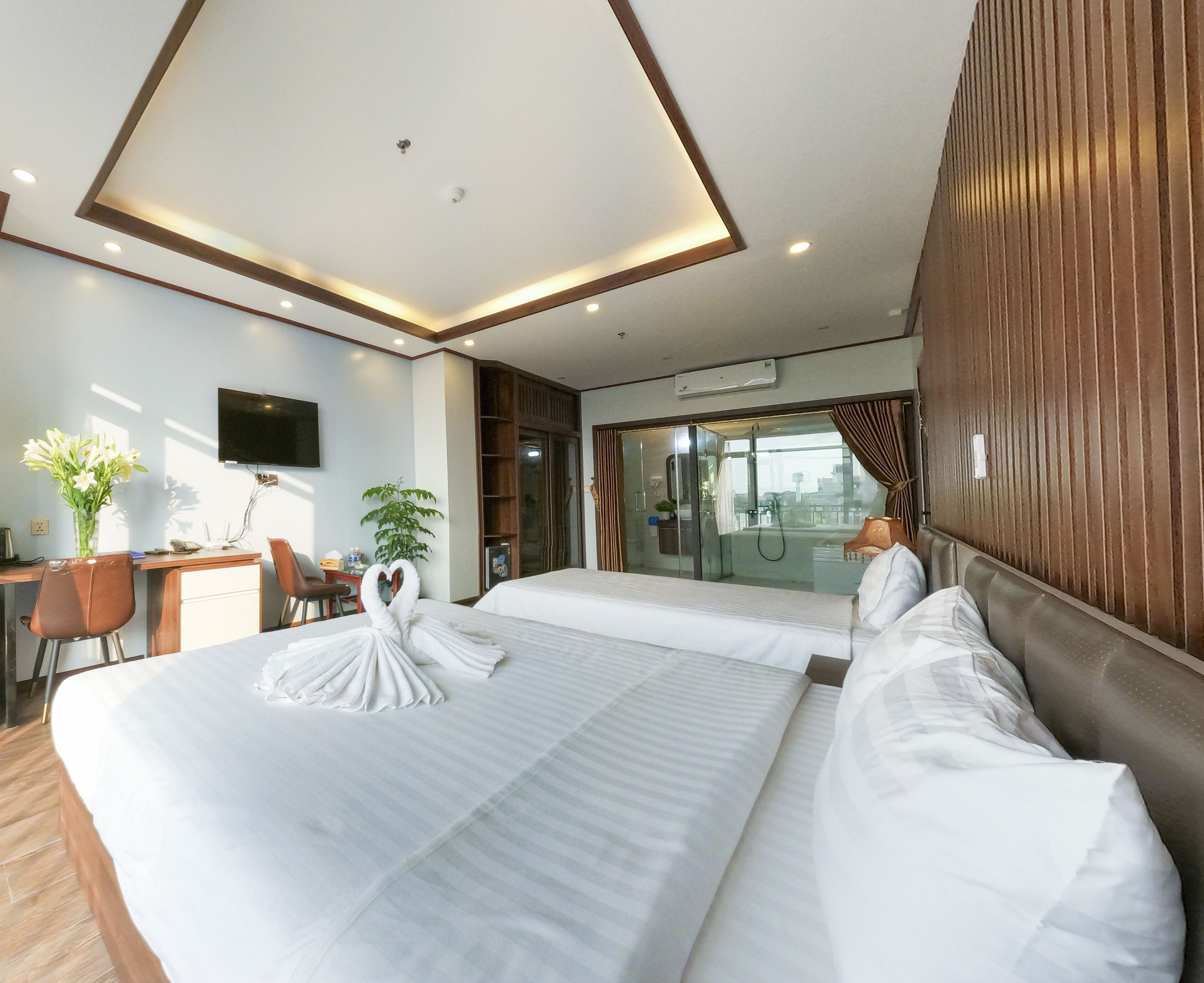 minibar, desk, laptop workspace, blackout curtains