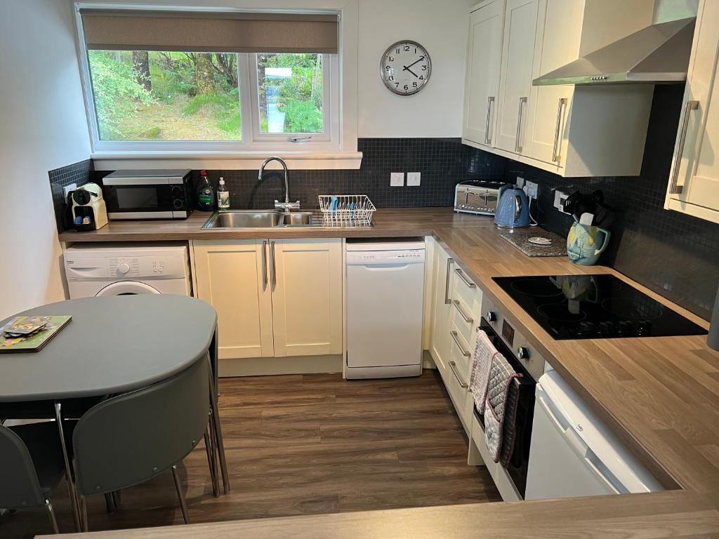 A compact kitchen with a microwave, toaster, sink, and dishwasher.
