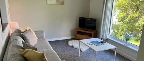 A living room with a grey sofa, a white coffee table, a television on a wooden stand, and a window with a view of greenery.