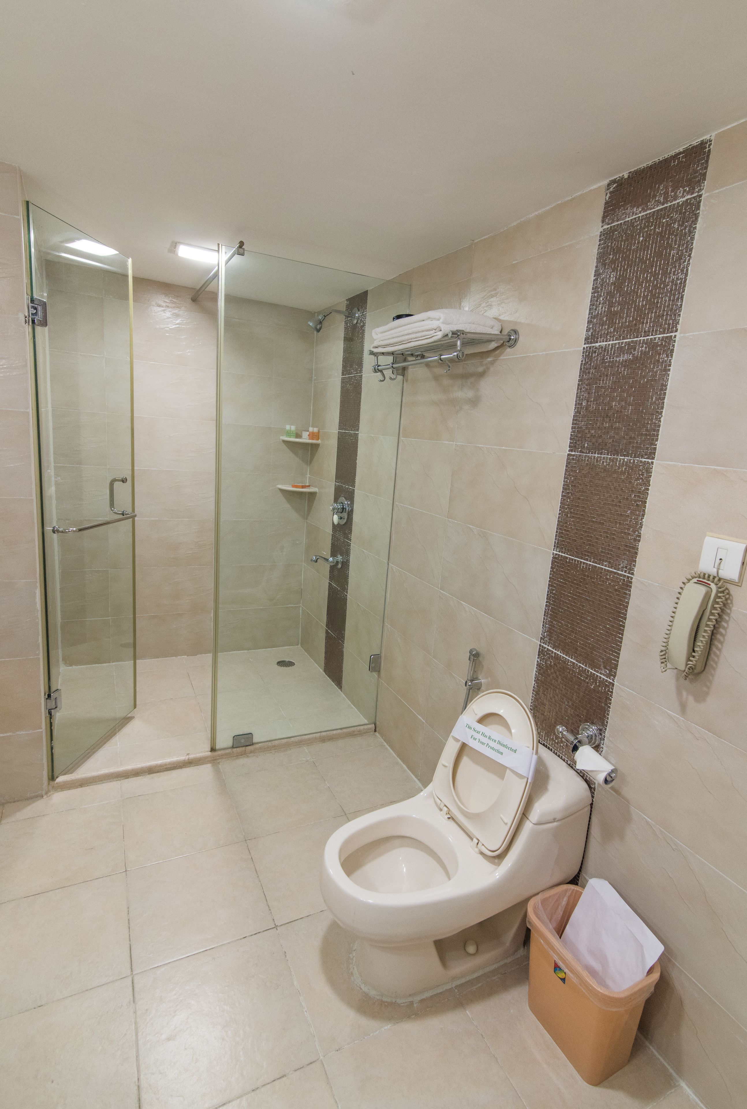 A bathroom with a glass-enclosed shower, a toilet, and a trash bin.