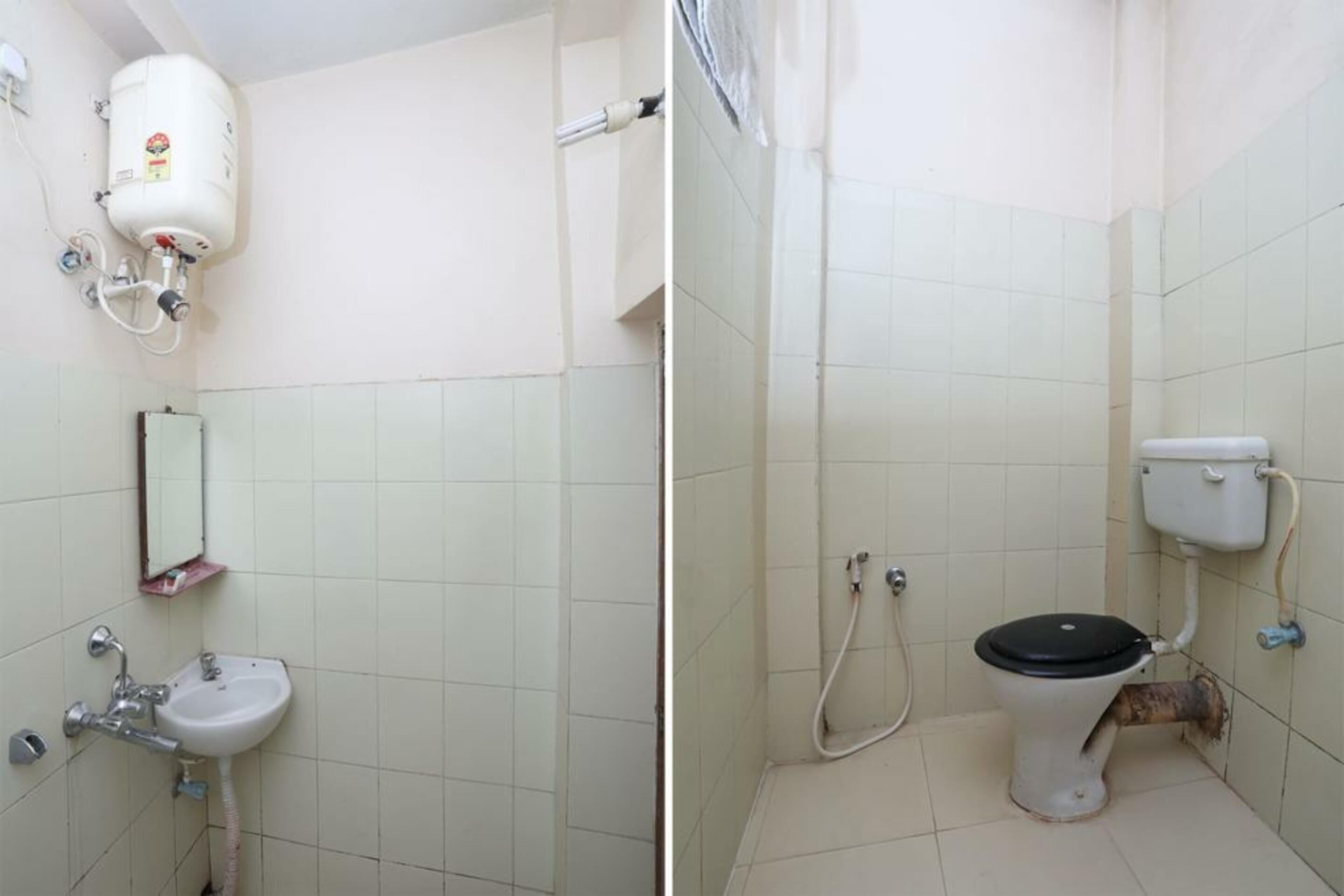 Un baño con un lavabo blanco, un inodoro y un calentador de agua.