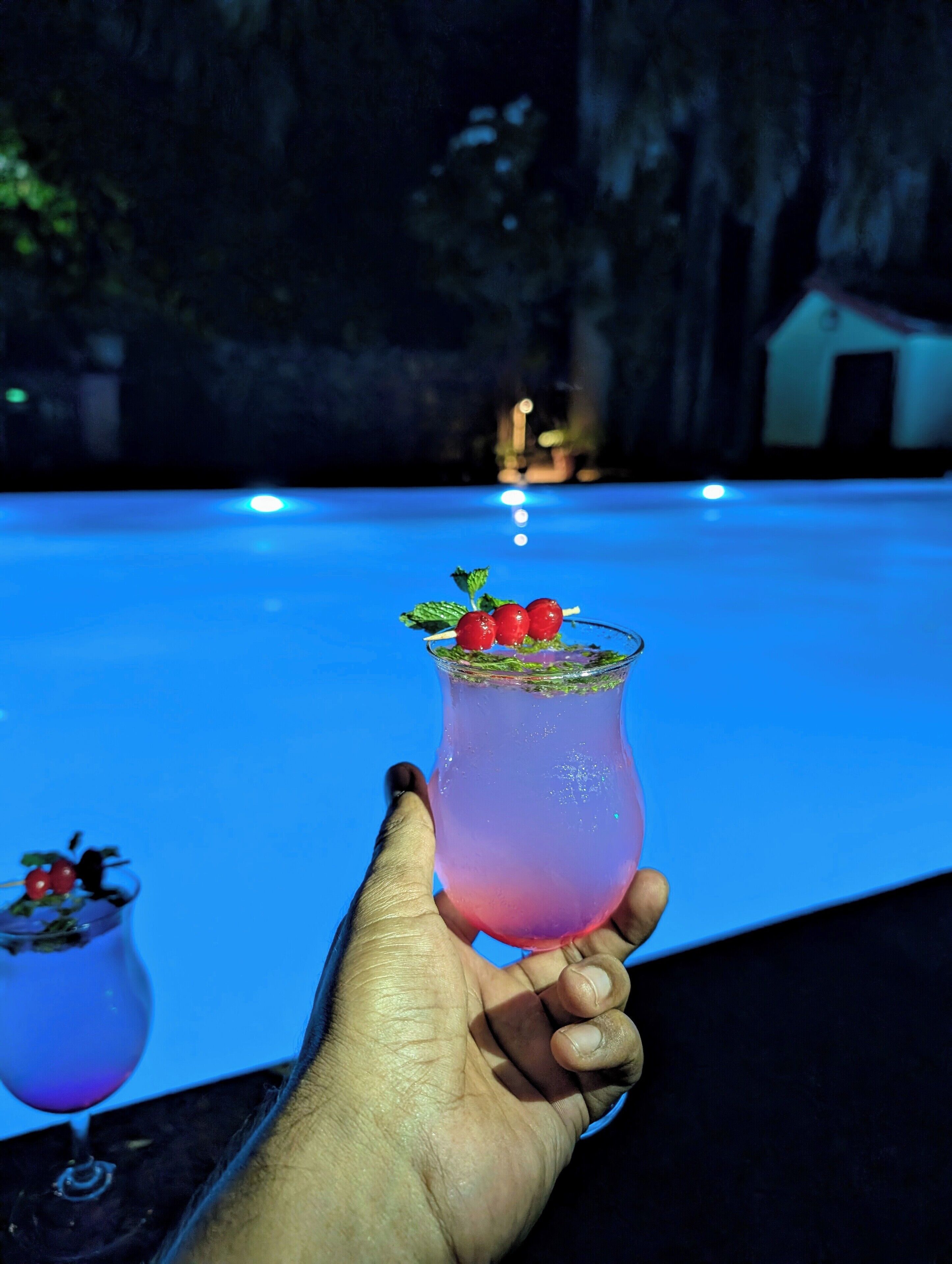 A hand holding a cocktail with a garnish, set against a poolside background with a house and trees in the distance.