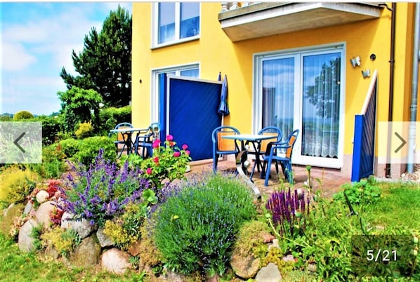 Un bâtiment jaune avec une porte bleue, des places assises à l’extérieur et un jardin où poussent différentes espèces de plantes.