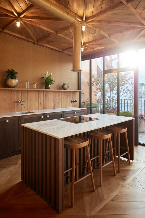 Designovy apartman, 2 loznice, terasa, Executive patro (Joy) | Privát konyha | Hűtőszekrény, főzőlap, kávé-/teafőző és elektromos vízforraló