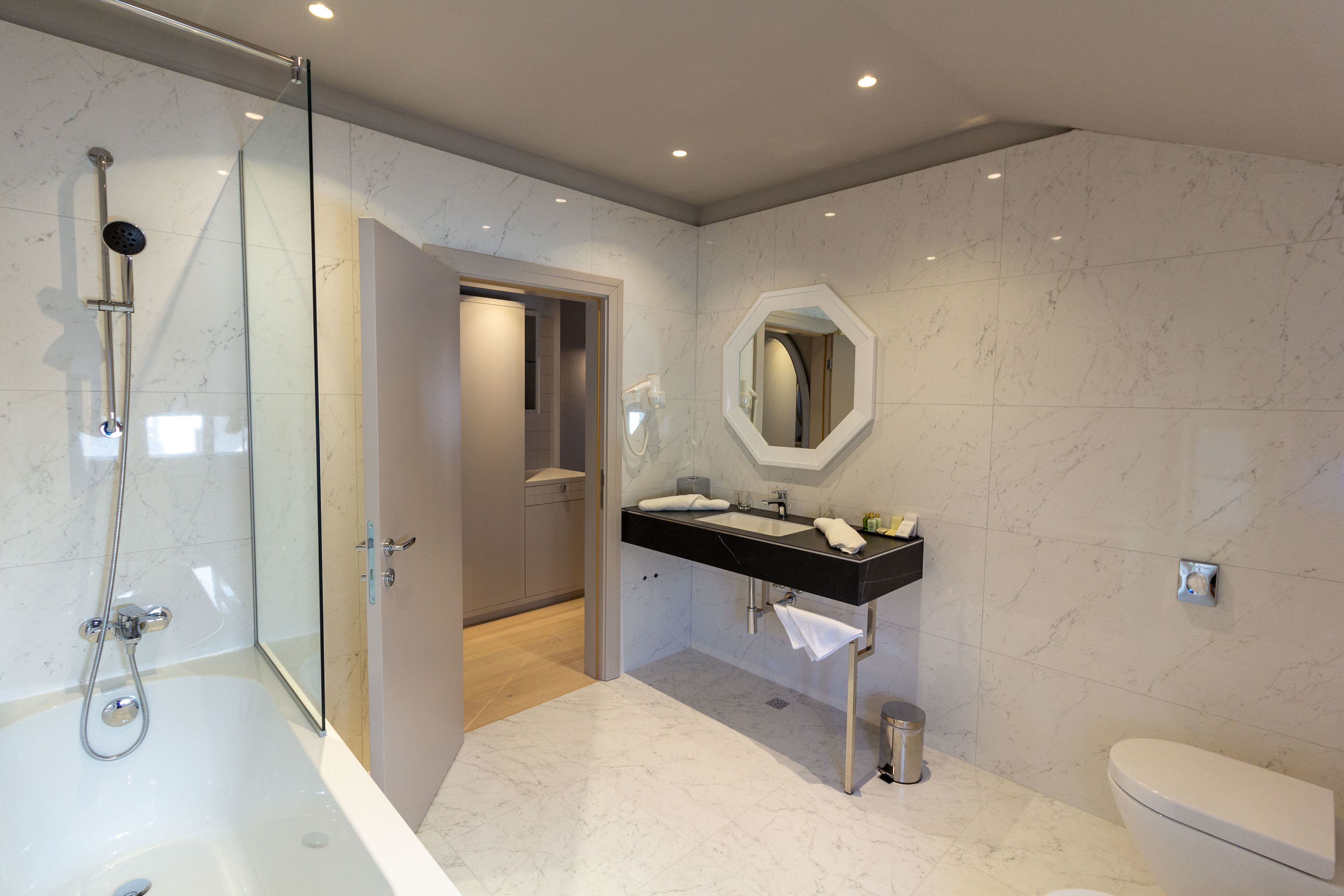 free toiletries, hair dryer, bathrobes, towels