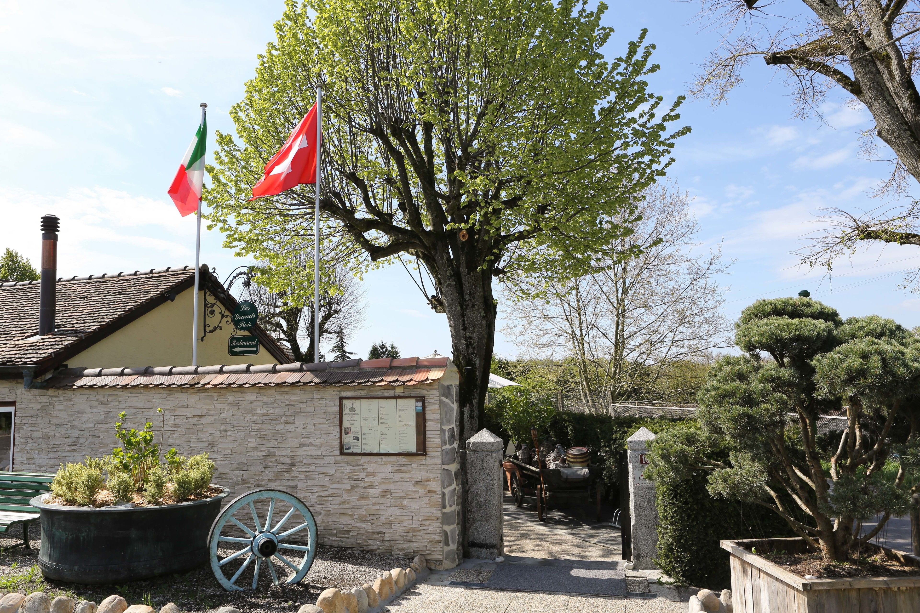 A building with a stone facade, a flagpole with flags, a large potted plant, and a wooden cart.