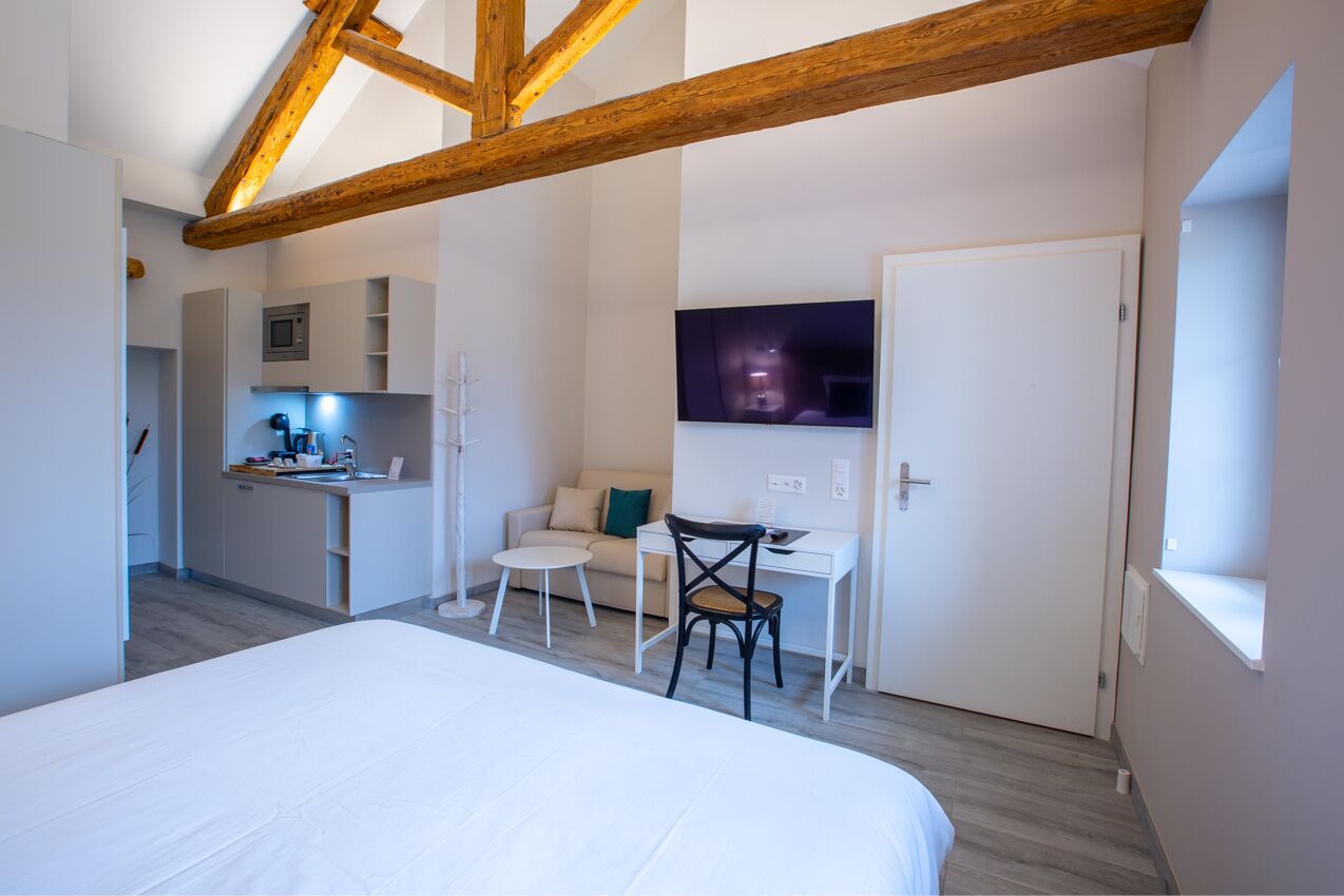 A bedroom with a large bed, a desk, a chair, a sofa, and a TV.