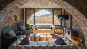 A cozy interior with stone walls, a sofa, a TV, and a fireplace. - Les Planes del Grau (Sant Joan de Les Abadesses)