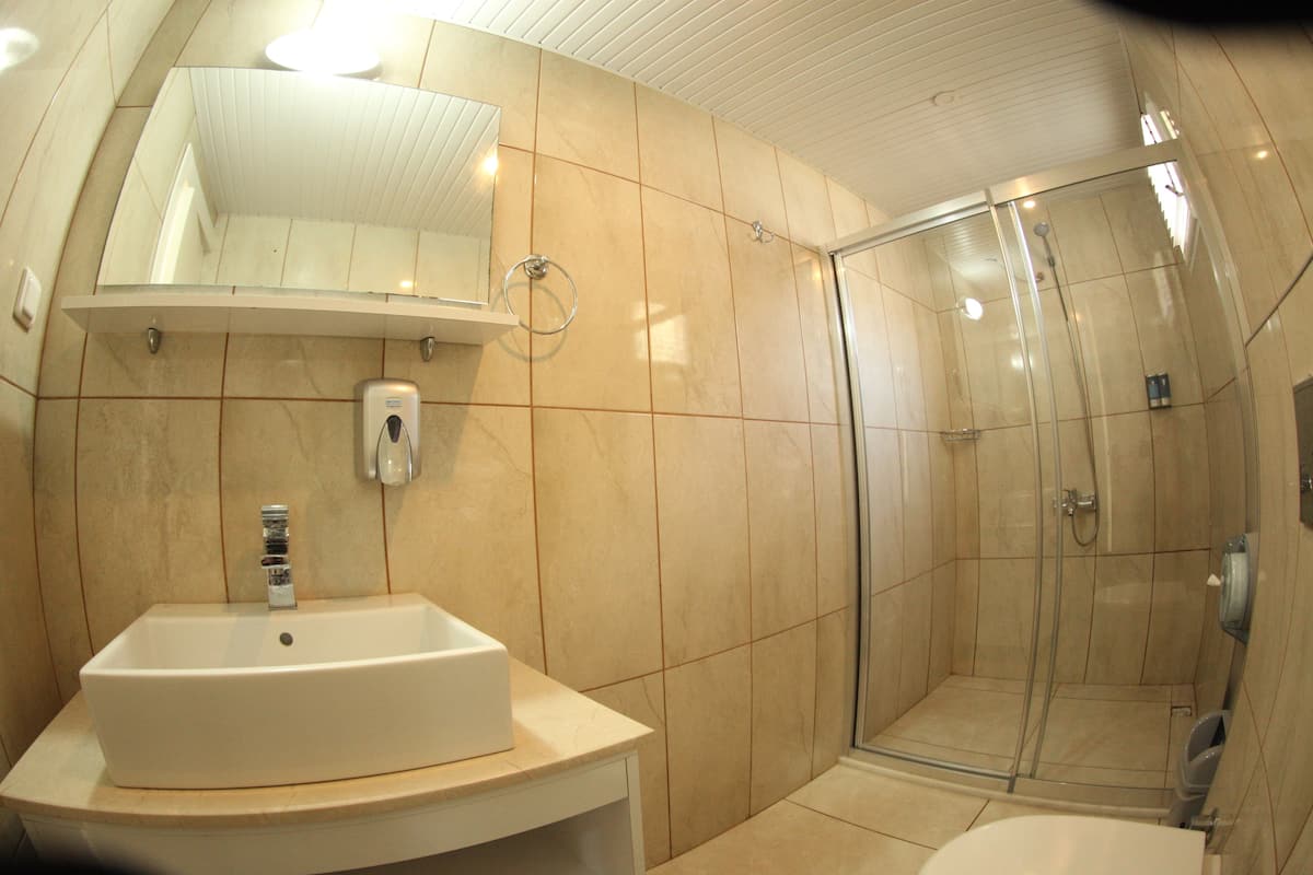 Shower, free toiletries, slippers, towels
