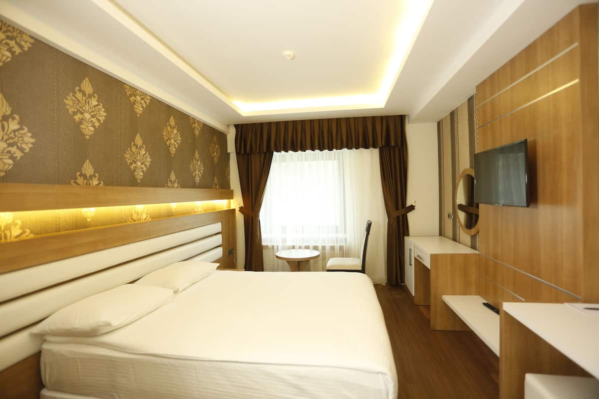 A hotel room with a bed, a desk, a chair, a television, and a small table.