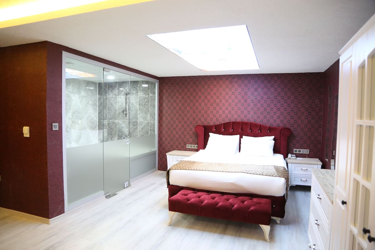 A bedroom with a large bed, a glass closet, and a skylight.