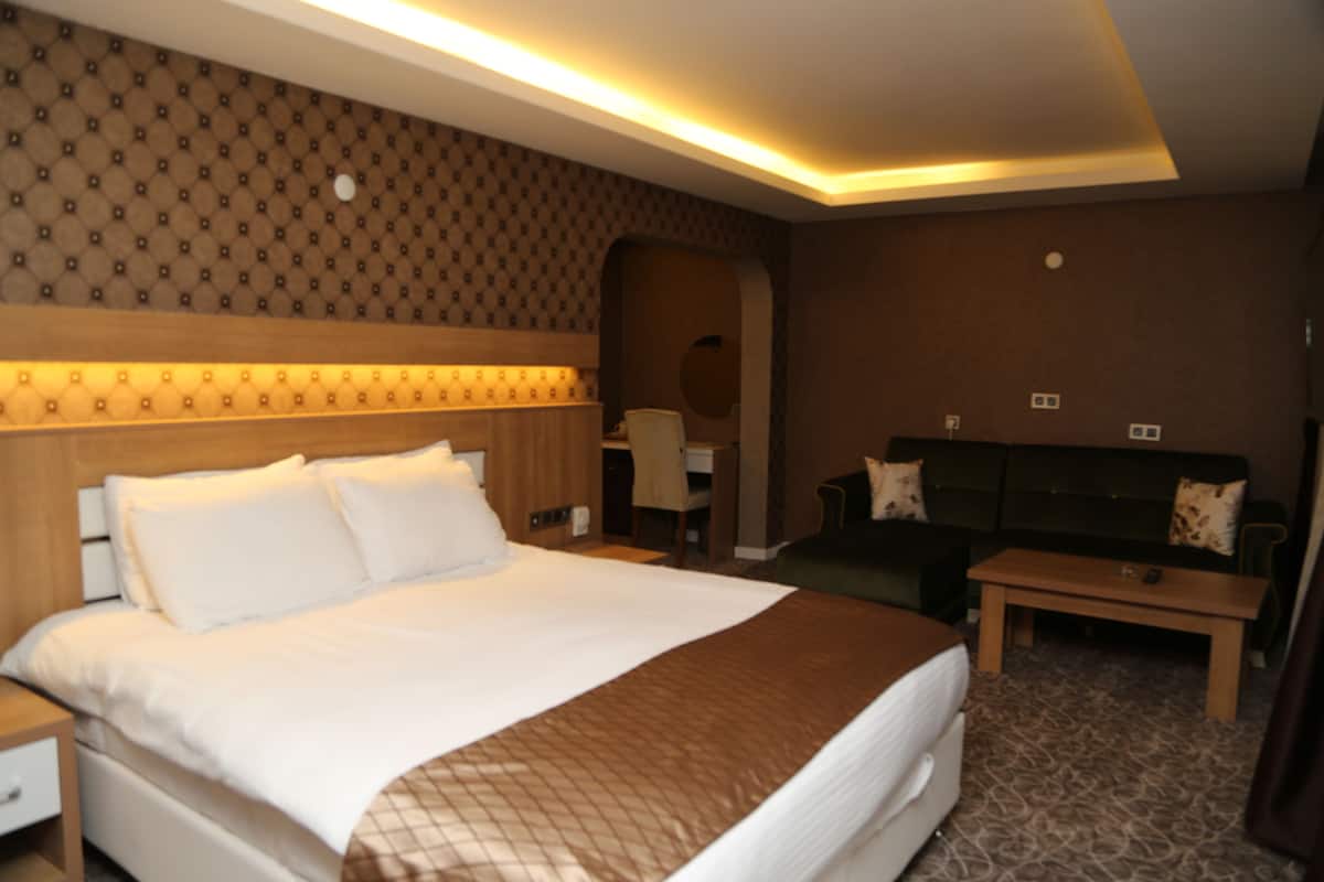 A hotel room with a bed, a sofa, a desk, and a mirror.