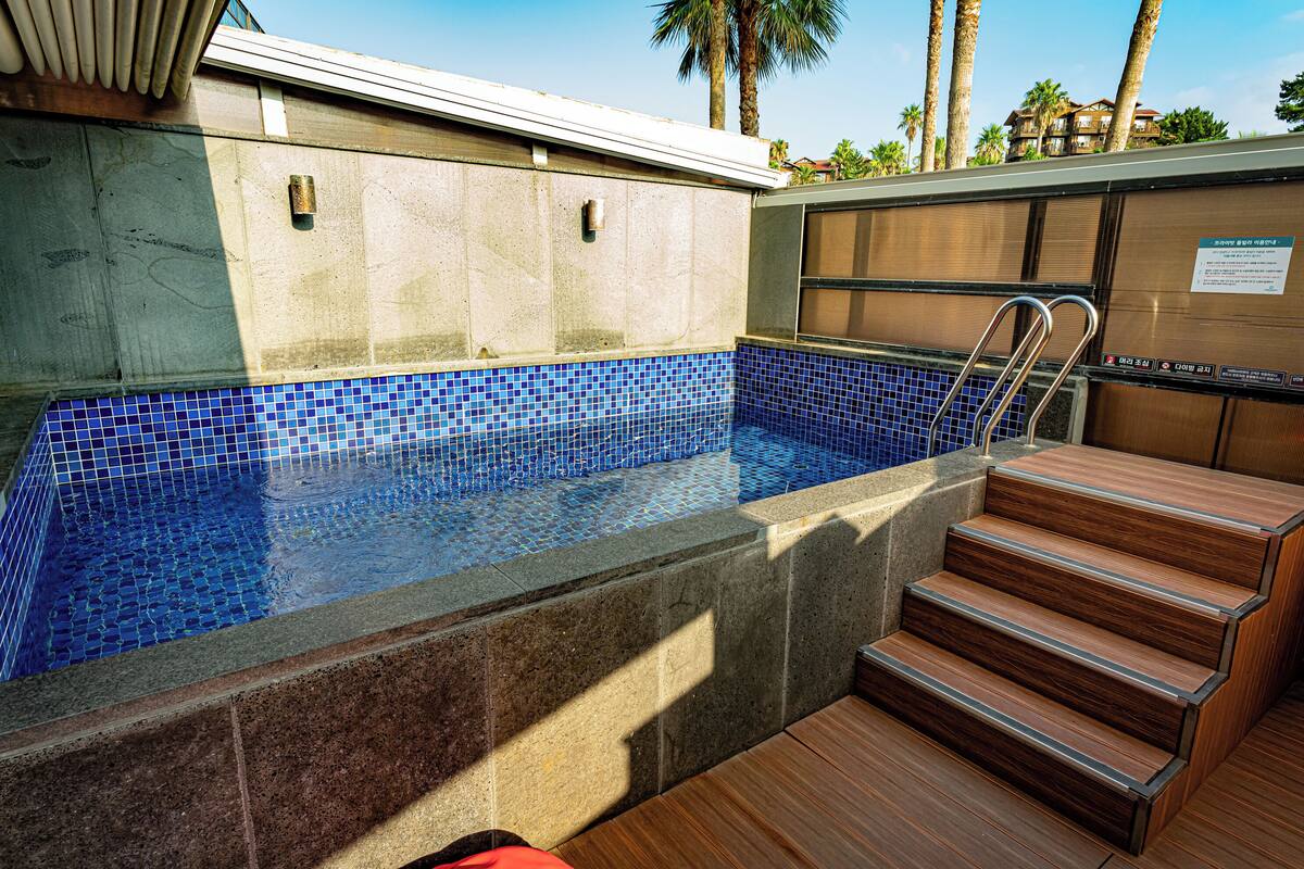 Une piscine aux carreaux de mosaïque bleus, un escalier en bois et un palmier en arrière-plan.
