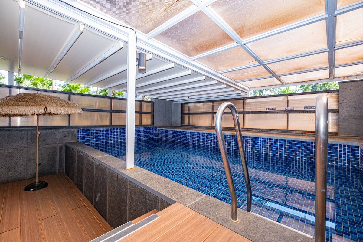 Une piscine intérieure moderne dotée d’une terrasse en bois, d’un parasol en chaume et d’une échelle en métal.