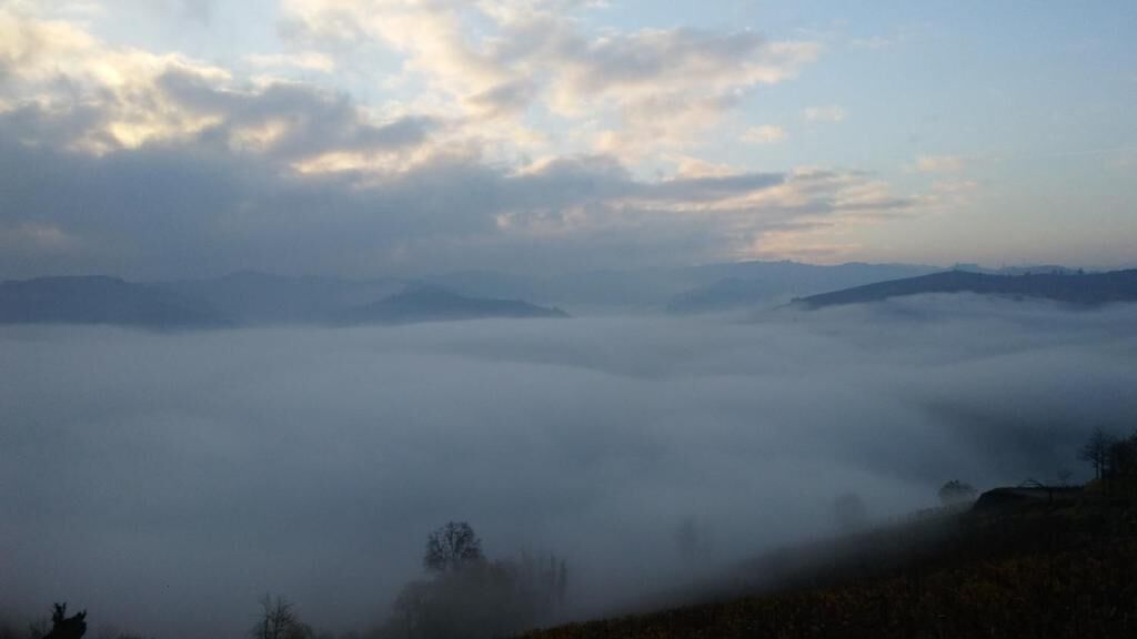 A foggy mountainous landscape with a clear sky.