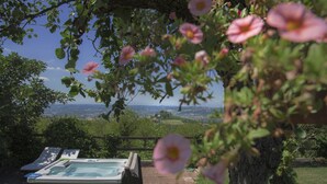 A hot tub and lounge chairs on a wooden deck with a view of a valley. - Casa Vacanze San Stefanetto (Treiso)