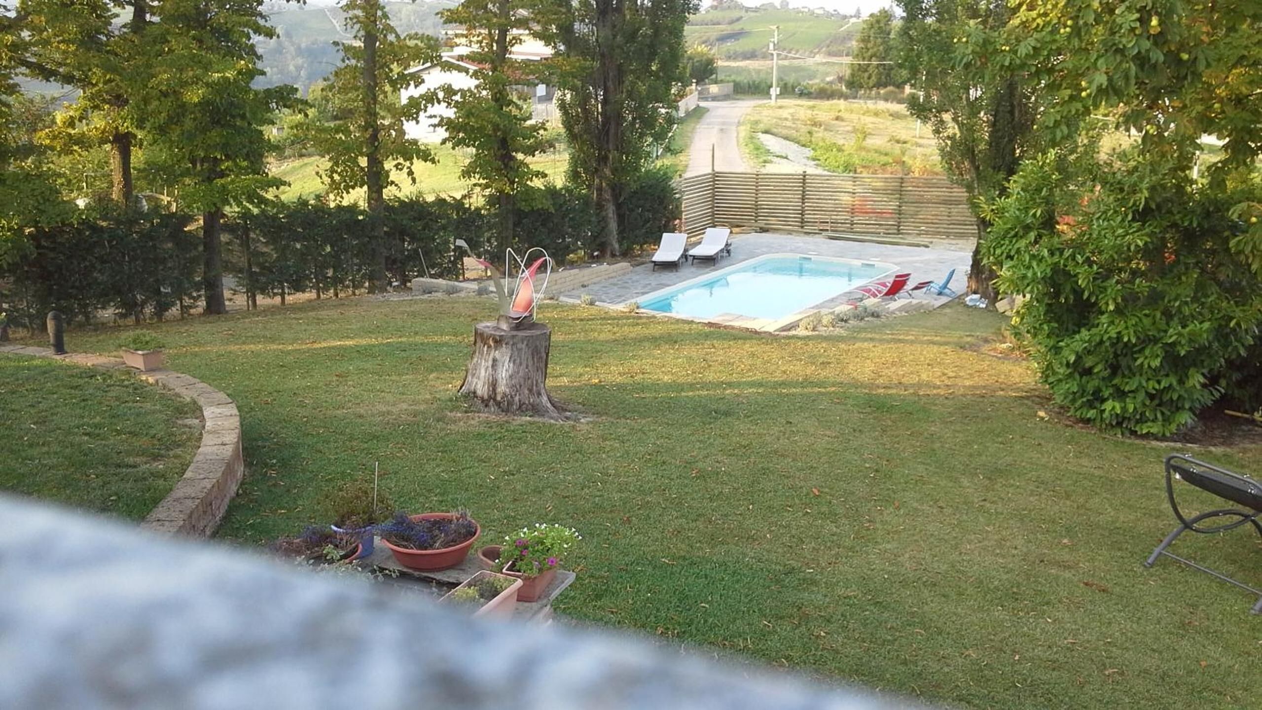Ein Garten mit Schwimmbecken, einer Holzterrasse und einem Baumstumpf.