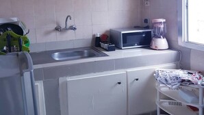 Et kompakt køkken med vask, vandvarmer, mikroovn og blender på bordpladen.