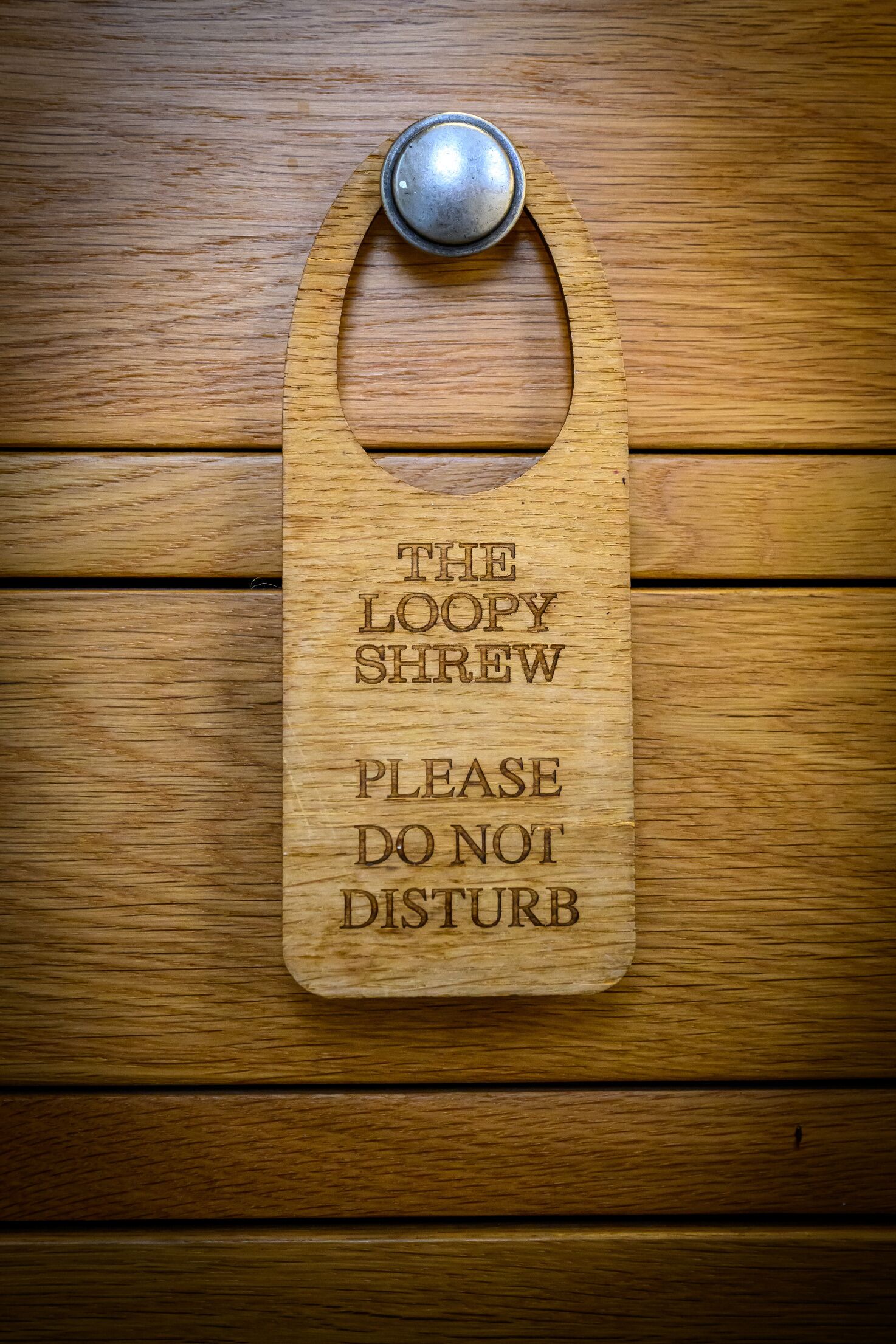 Un letrero de madera con un mango de metal que dice 'THE LOOPY SHREW POR FAVOR NO MOLESTAR'.