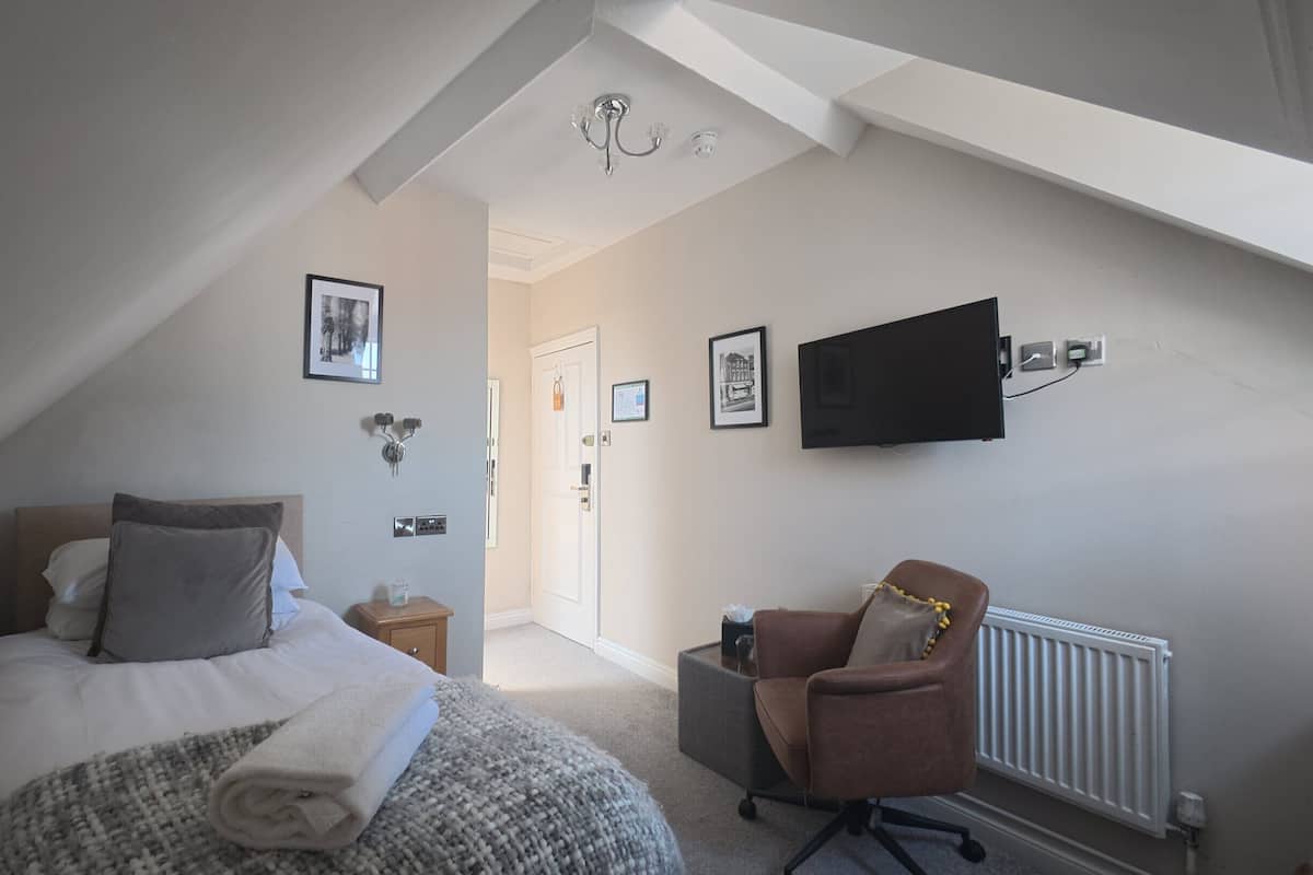 A bedroom with a bed, a chair, a television, and a radiator.
