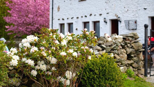 A white building with multiple windows and a stone wall in front. - Littletown Farm Guesthouse (Keswick)