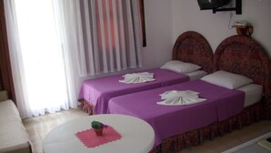 A hotel room with two beds, a TV, a small table with a plant, and a window with curtains. - Vural Apart Hotel (Cesme)
