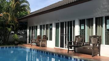 Outdoor pool, pool umbrellas