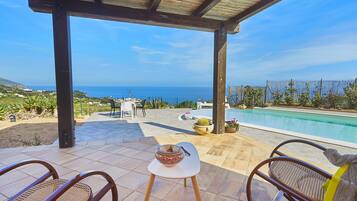 Une terrasse couverte avec vue sur l’océan, une piscine et du mobilier d’extérieur.