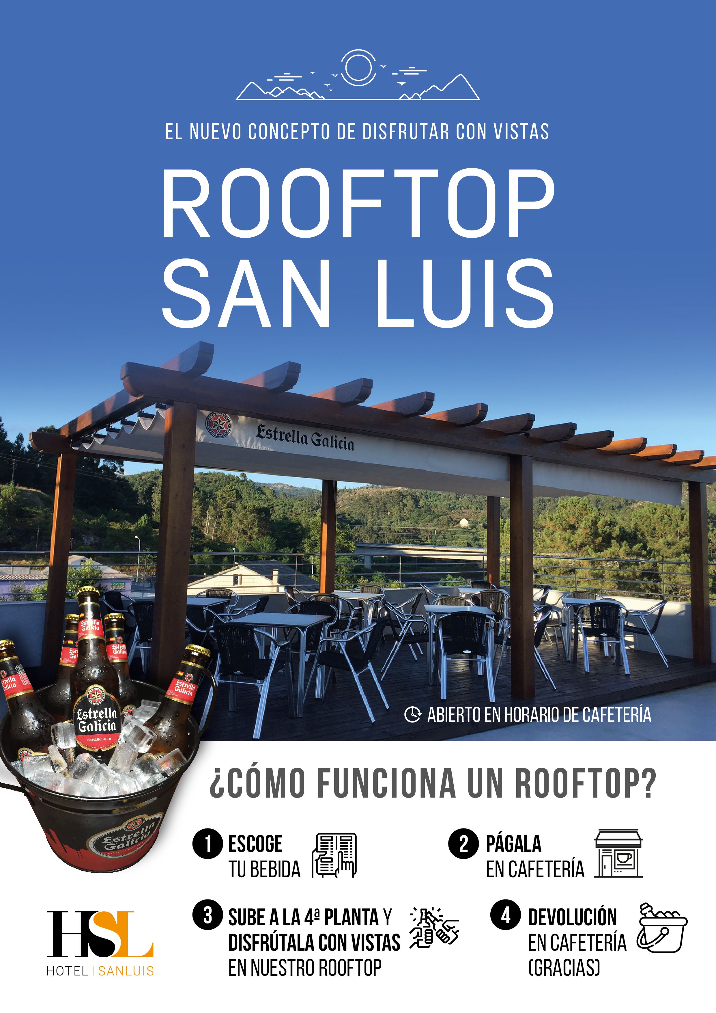 A rooftop patio at Estrella Galicia hotel with outdoor seating and a view of the surrounding landscape.