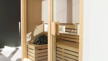 Uma sauna de madeira com porta de vidro, um banco e uma pilha de lenha no interior.