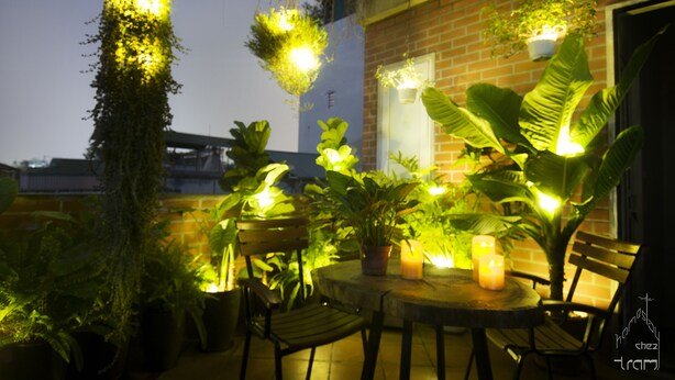An outdoor patio area with a round table, chairs, potted plants, hanging plants, and wall-mounted lights.