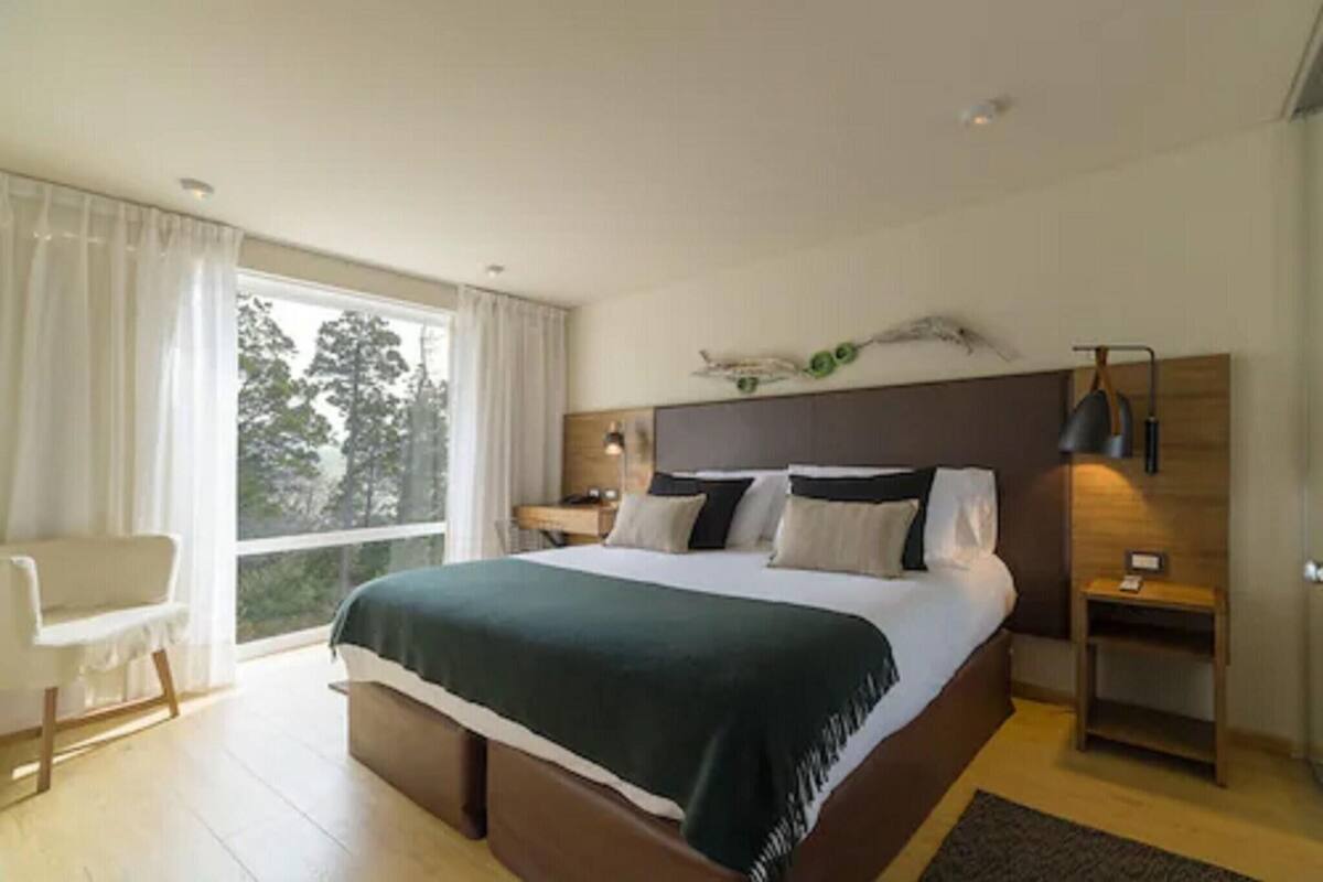 A modern bedroom with a large bed, a chair, a nightstand, and a view of the outdoors.