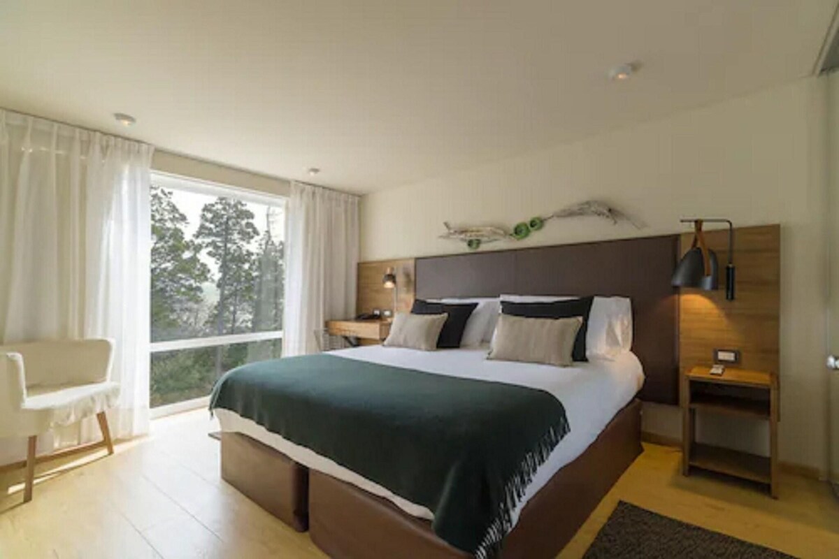 A modern bedroom with a large bed, a chair, a nightstand, and a view of the outdoors.