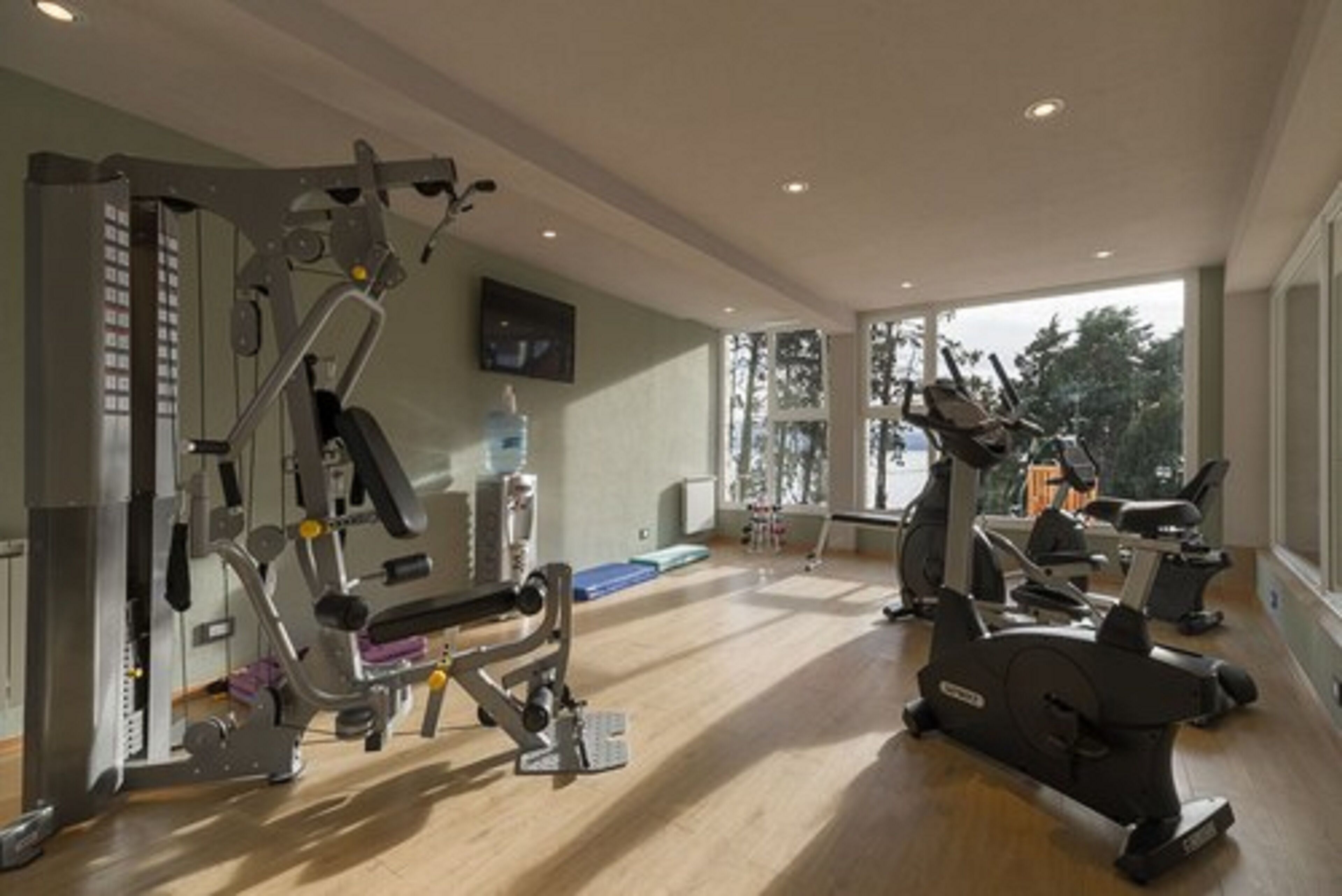 Ein Fitnessstudio mit Cardiogeräten, Kraftstationen und einem großen Fenster für natürliches Licht.