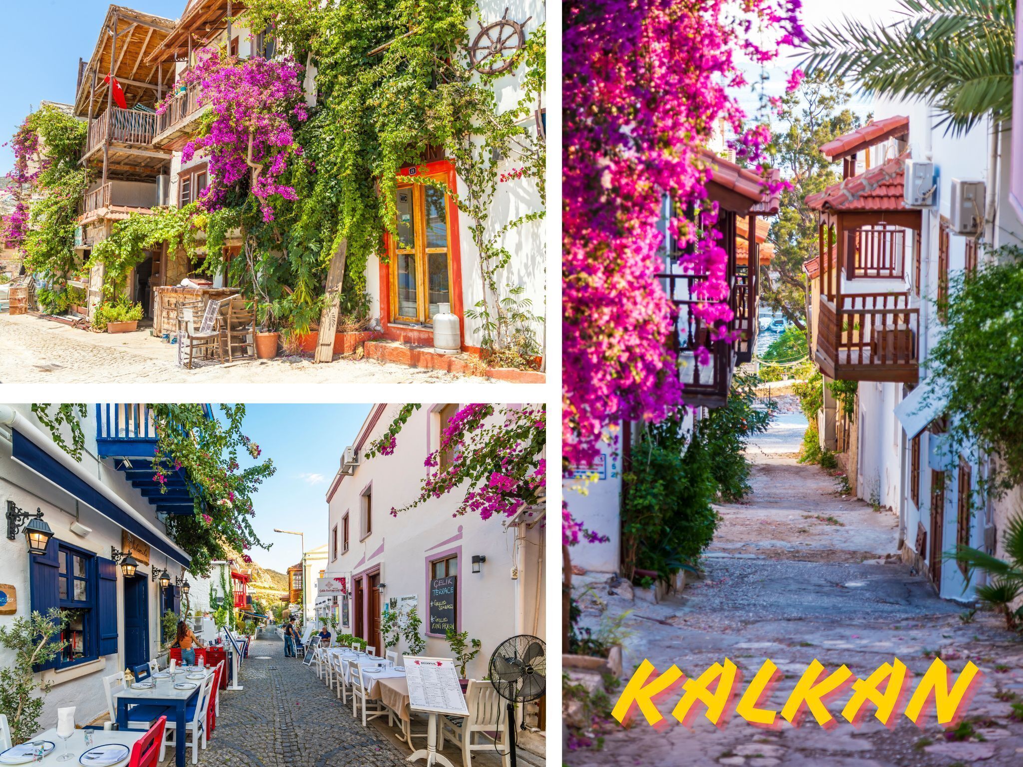 A traditional building with a wooden balcony and a red door, surrounded by lush greenery and purple flowers.