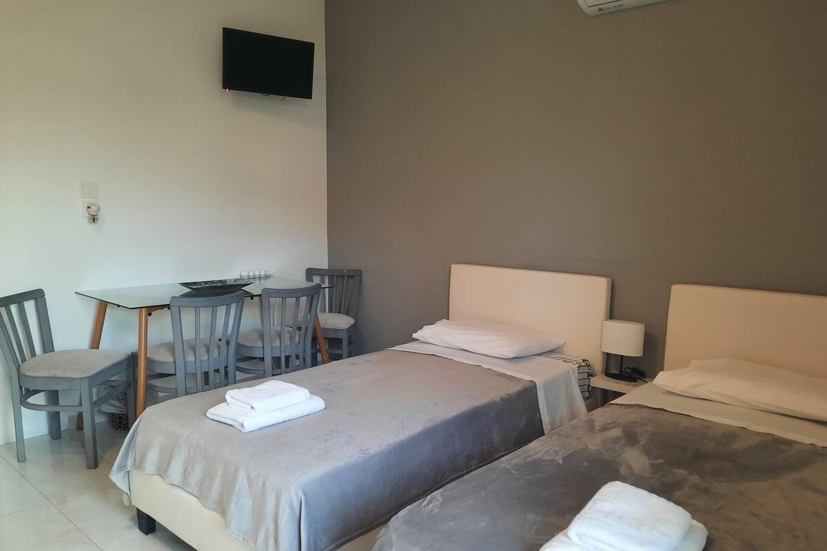 Habitación de hotel con dos camas, un escritorio y un televisor.
