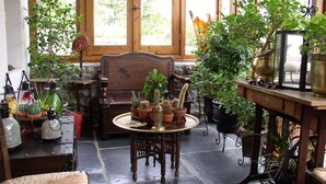 A cozy room with a wooden chair, a small round table, and various potted plants. - Nastou View Hotel (Sintiki)