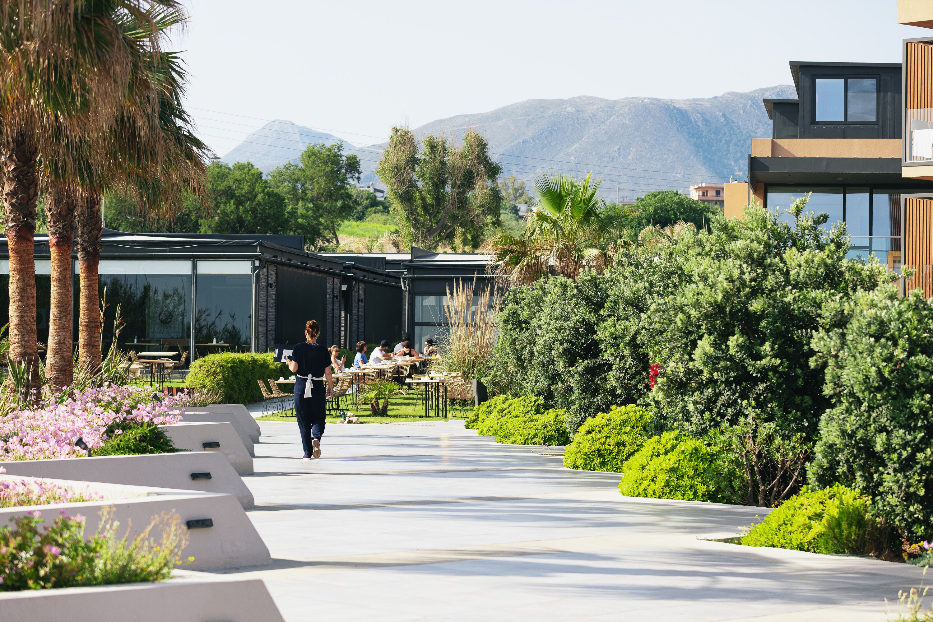 A modern building with a glass facade, surrounded by lush greenery and palm trees.
