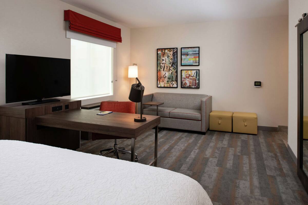 Une chambre d’hôtel comprenant un lit, un bureau avec une télévision, un canapé, une lampe et deux boîtes de rangement.