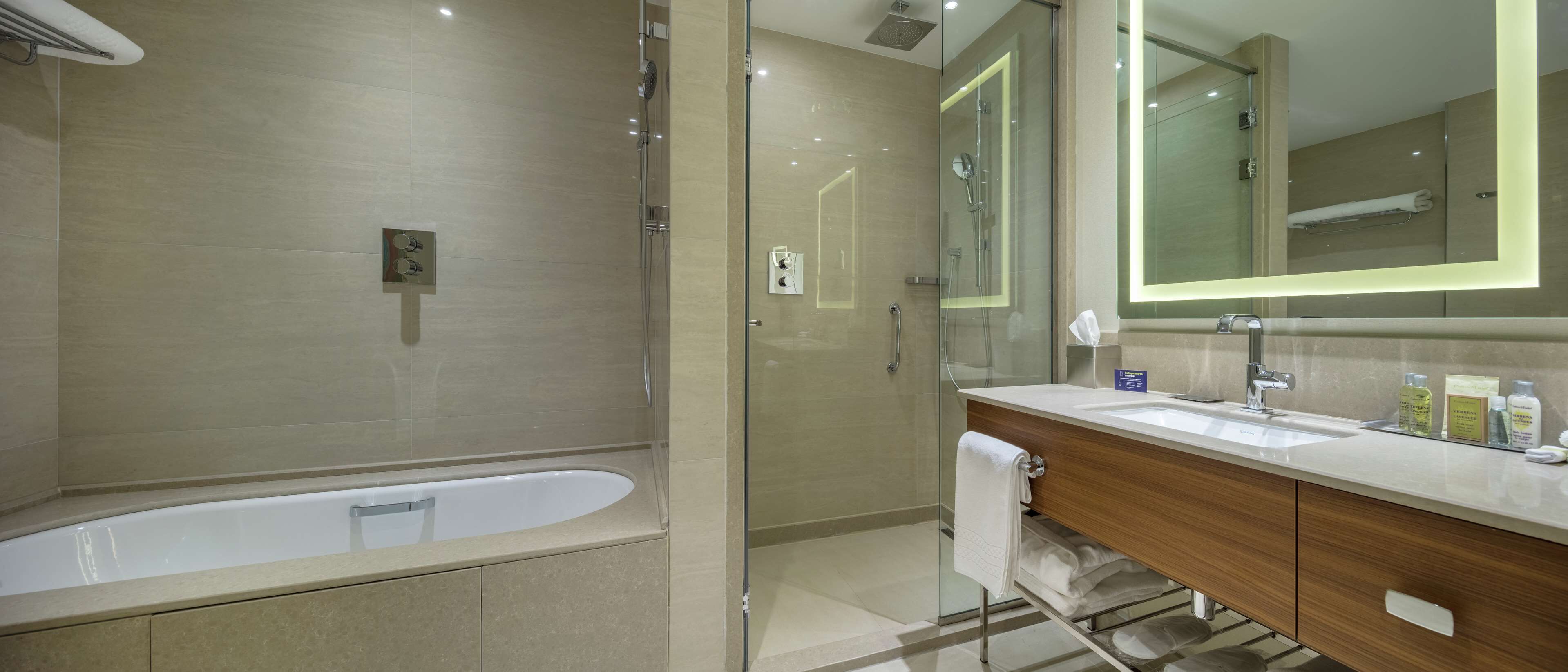 A modern bathroom with a glass-enclosed shower, a freestanding bathtub, and a vanity with a mirror.