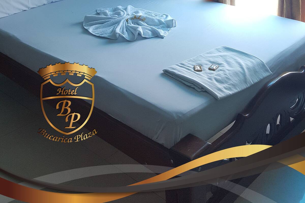 A hotel room with a bed, a window with curtains, an air conditioning unit, and a logo for Bucarica Plaza.