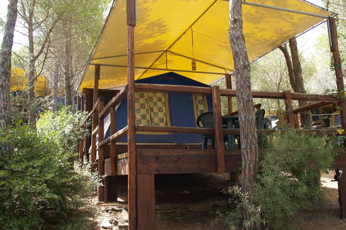 A rustic wooden cabin with a yellow canopy, surrounded by trees and vegetation.