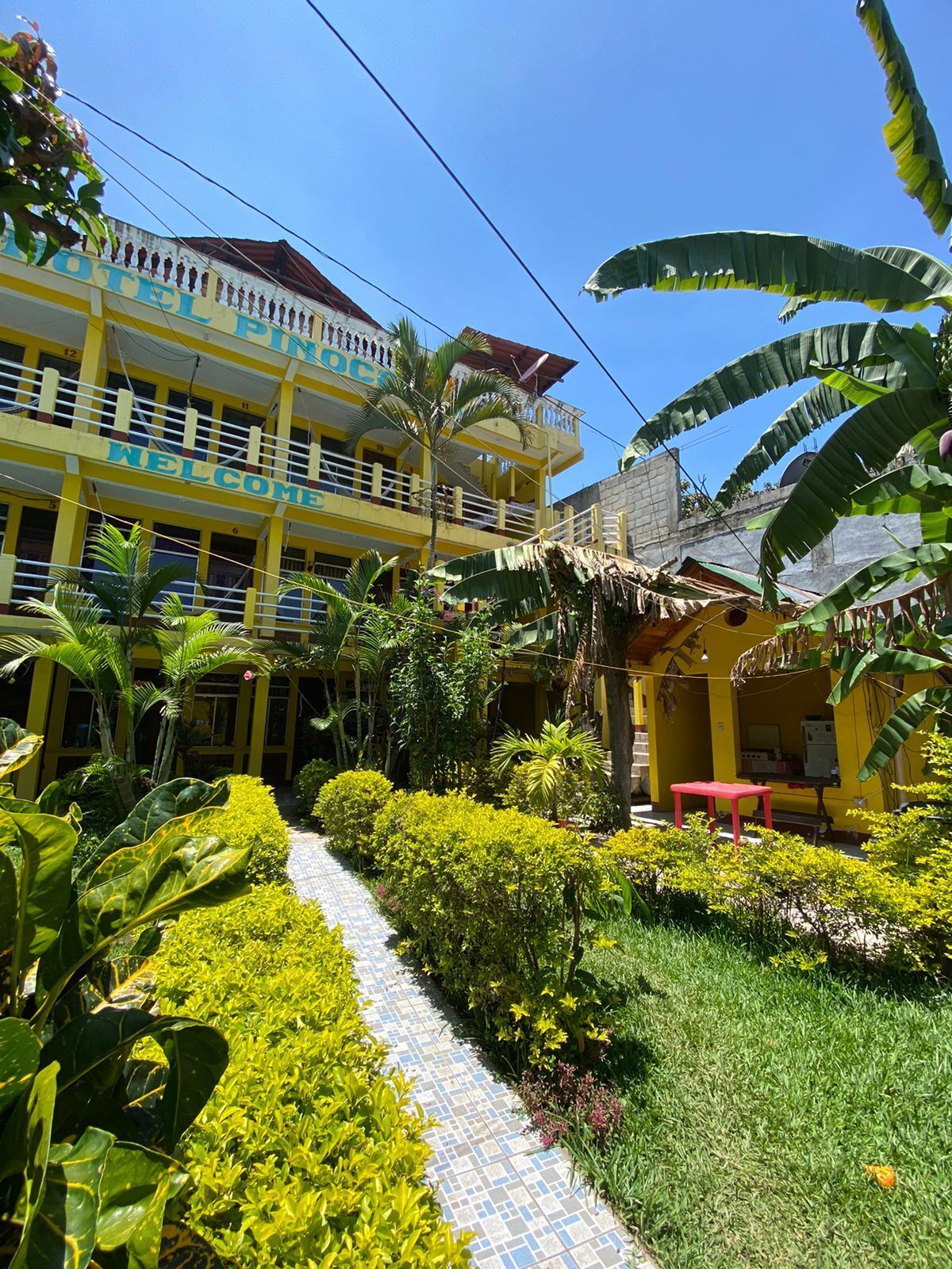 A hotel with a yellow facade, a tiled pathway, and lush greenery including banana trees.