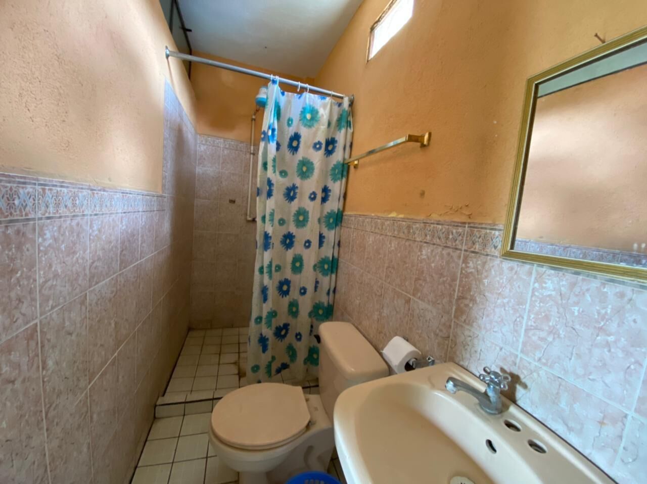 Een kleine badkamer met toilet, wastafel en douchegordijn.