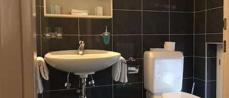 A bathroom with a white sink, a toilet, and a towel rack.