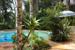 Outdoor pool, pool umbrellas, sun loungers