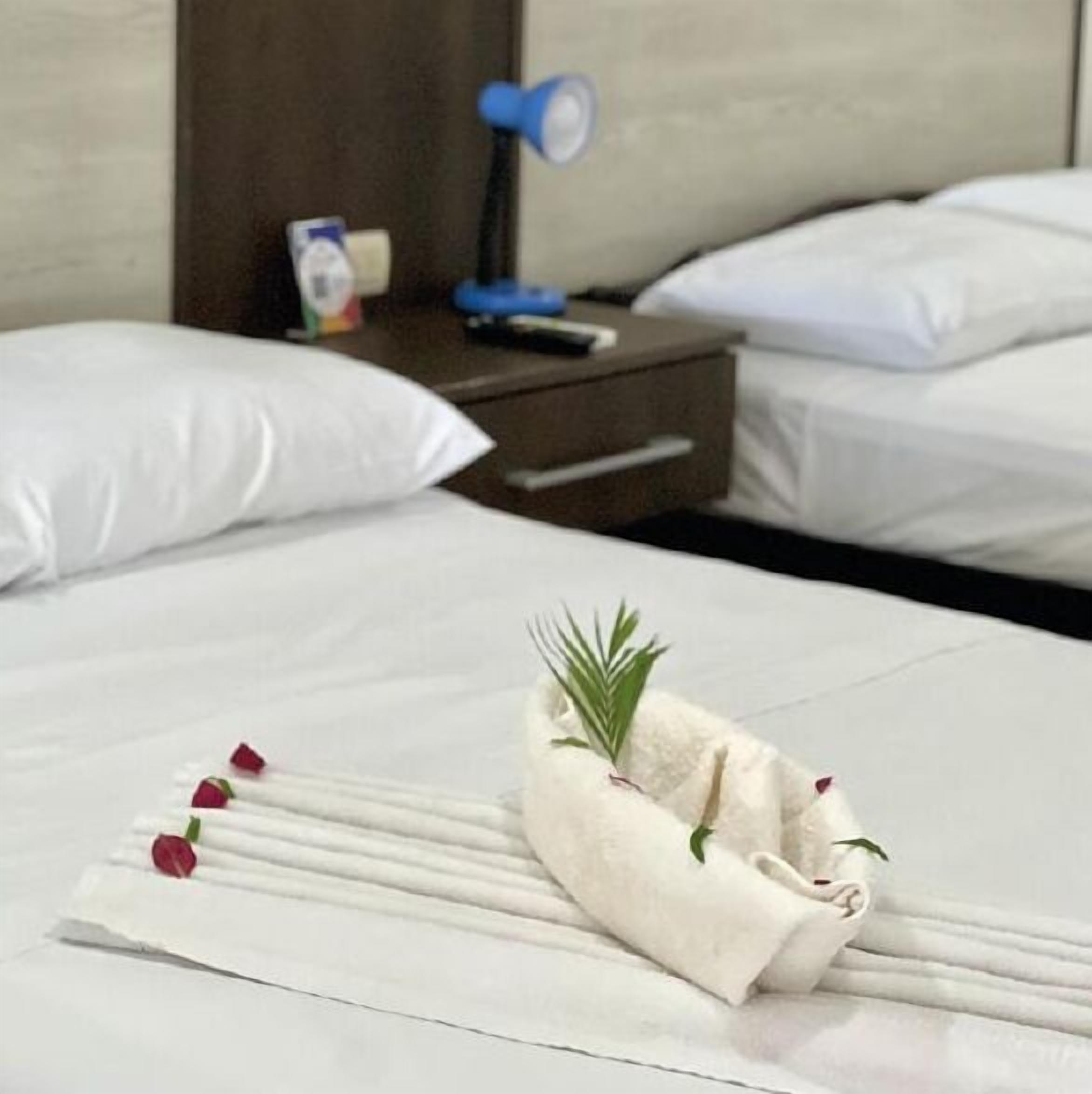 Una cama bien hecha con sábanas blancas, una toalla doblada con un ramita de verdor y algunos pétalos de rosa sobre la cama.